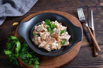 Fried chanterelle mushrooms in a creamy sauce with fresh parsley. Vegan organic food. Autumn seasonal dish.