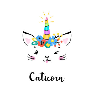 Vector Cute Unicorn Cat Head with Floral Wreath for Kids t-shirt Print Design and Birthday Party. Magic Caticorn or Kittycorn Nursery Poster. Magical Kitten Face with Unicorn Horn and Flower Crown 