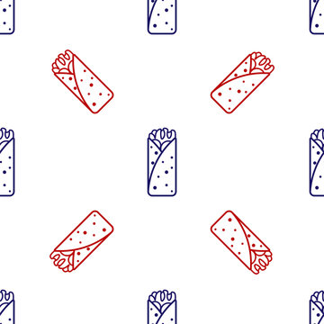 Blue and red Burrito icon isolated seamless pattern on white background. Traditional mexican fast food. Vector Illustration