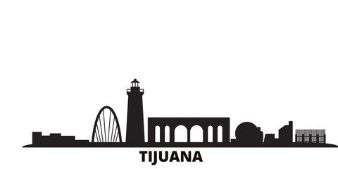 Mexico, Tijuana city skyline isolated vector illustration. Mexico, Tijuana travel cityscape with landmarks