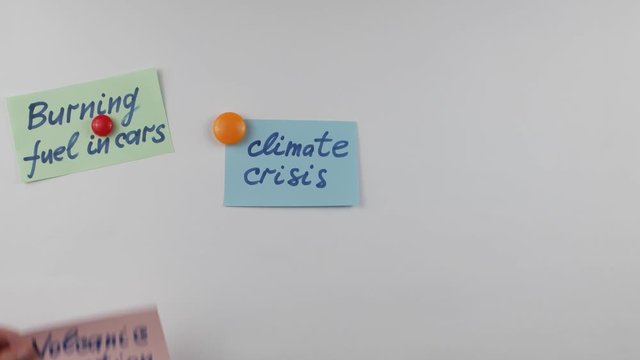 The lecturer places on a magnetic board sheets of paper with thesis of a lecture on the causes of climate crisis and climate emergency.  Using visual aids