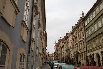 Cityscape of architecture and ancient streets of the Czech capital of Prague early in the morning before Christmas.