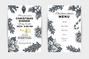 Christmas dinner hand drawn vector invitation and menu template - obrazy, fototapety, plakaty
