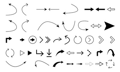Set of black arrows icon Vector illustration straight curve bend outline thin bold brush icons