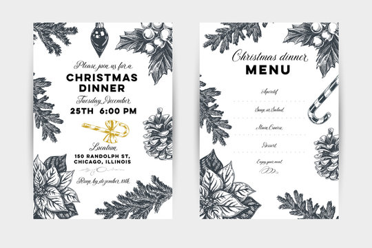 Christmas dinner hand drawn vector invitation and menu template
