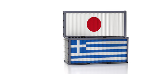 Two freight container with Greece and Japan national flag. 3d rendering 
