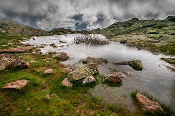 Pequeña laguna en el Parque Natural de Peñalara. Madrid. España. Europa.