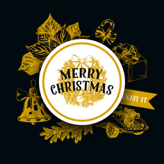 Merry Christmas hand drawn vector greeting card template