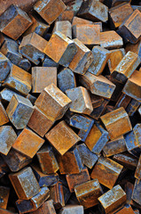 A bunch of the iron cubes. Interesting color photo of cubes.	