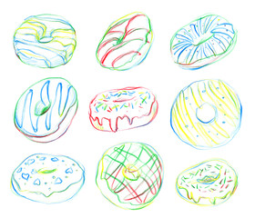 Doughnuts collection, drawn by multicolor pencil.