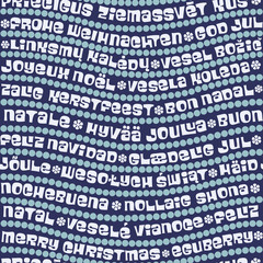 Christmas typographic seamless pattern with seasonal greetings on different European languages for background, greeting card, print or wrapping paper decoration