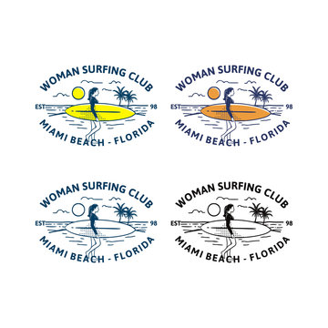 woman surfing club. design logo badge t shirt woman surfer in vintage retro style