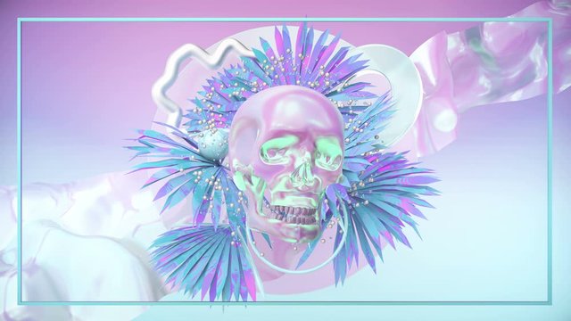 Creative artwork with skull, palm leaves and moving elements. Loop 3d animation. Pink, blue and holographic colors. 4k video. Modern trendy postmodernism design, Vaporwave, web-punk style. 