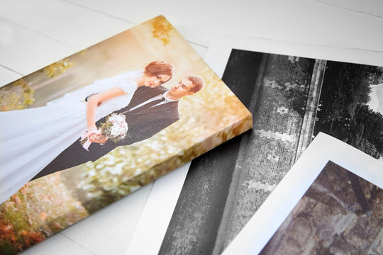 Wedding photo printed on canvas. Sample of stretched wedding photography with gallery wrapping. Canvas prints