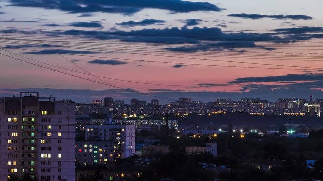 Moscow city residential district apartments sunset to night time lapse