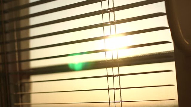 Sunrise behind the window blinds and mosquito net. Rising sun behind window blinds. Sunlight behind vertical blinds.