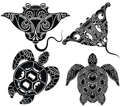 Set of graphic sea turtle and vector stingray or manta ray.