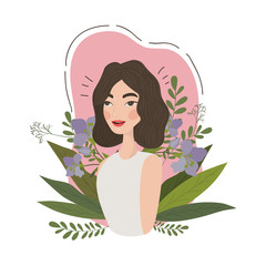 Cute woman cartoon with leaves drawing vector design