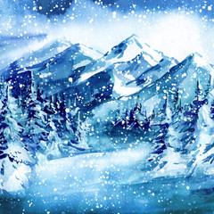 Fototapeta na wymiar Mountains watercolor painting, Holiday winter landscape background with winter tree.