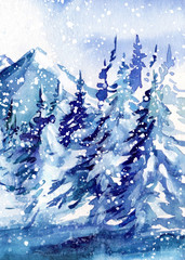 Mountains watercolor painting, Holiday winter landscape background with winter tree.
