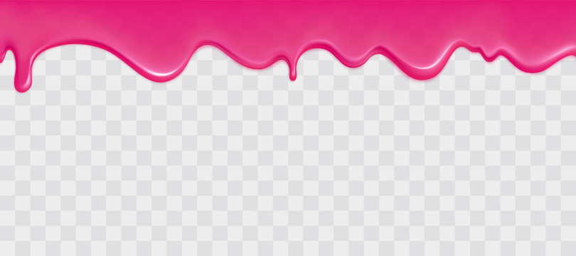 Dripping glossy pink slime isolated on transparent background. Border of flowing sticky sweet goo. Vector template of cream, jelly or caramel glaze for cake or donut.