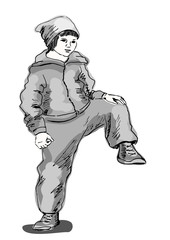 Obraz premium Teenager boy dressed in street fashion style. Hand drawn sketch. Vector illustration, isolated on white.