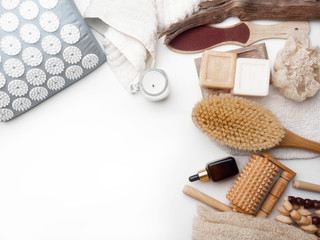 Body care products on white background, with copy space. Natural eco friendly zero waste concept, top view