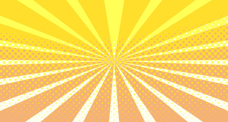 Vintage colorful comic book background. Orange blank bubbles of different shapes. Rays, radial, halftone, dotted effects. For sale banner empty Place for text 1960s. Copy space vector eps10.