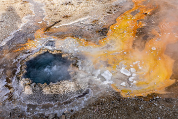 Small geyser basin with boiling water from geothermal heat.