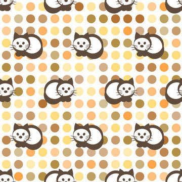 Cats, black and white, on dotten background. Vector geometric seamless pattern.