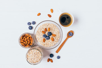 Healthy breakfast flat lay composition