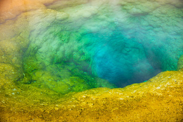 Colorful geyser basin with boiling water from geothermal heat.