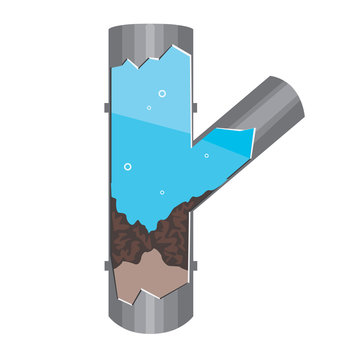 A clogged pipe and plumbing cutaway isolated on a white background, a single flat vector stock illustration with problem and blockade in the sewer