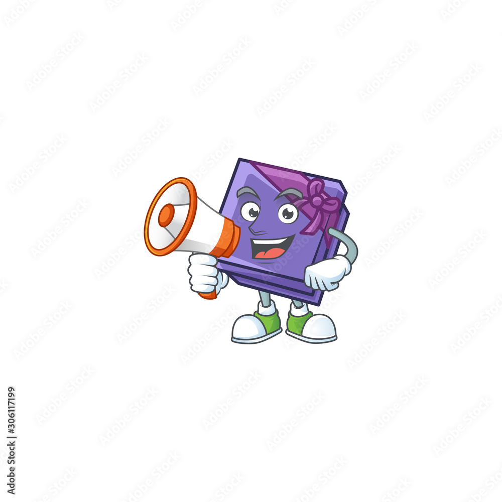 Sticker Funny cartoon style of purple gift box with megaphone