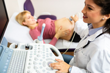 Obstetrician examining pregnant belly by ultrasonic scan..