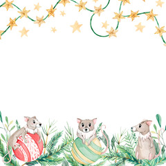 Watercolor Christmas banner with green branches and сute mouse. Design happy new year ilustration for greeting cards and frames.