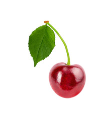 Cherry  with leaf green  isolated on white background with clipping path