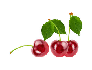 Cherry  with leaf green  isolated on white background with clipping path