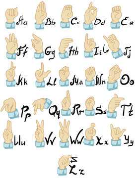 Vector deaf-mute alphabet with hand gestures set. Hand drawn mute language, communication for disabled people. Finger, palm and fist signs collection. Isolated illustration