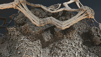 Computer generated 3D fractal.Dry branch lying on the rocks.