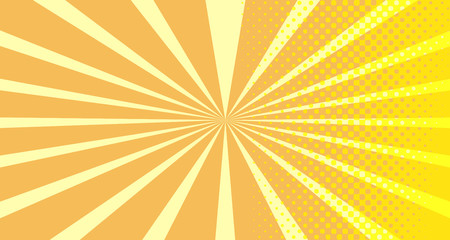 Vintage colorful comic book background. Orange blank bubbles of different shapes. Rays, radial, halftone, dotted effects. For sale banner empty Place for text 1960s. Copy space vector eps10.
