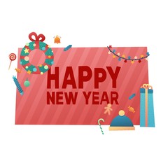 Template design banner for happy new year offer. Flat vector style flyer with Christmas decoration elements. Design happy holiday frame with gift and wreath.