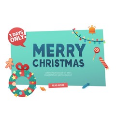 Template design banner for Merry Christmas sale. Flat vector style flyer with Holiday decoration elements. Design Xmas frame with garland and wreath. New year label geometric shape cartoon style.