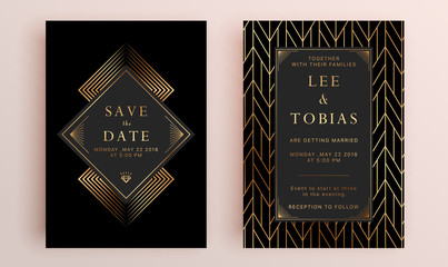 Beautiful set of wedding card templates. Gold collection of geometrical polyhedron, art deco style for wedding invitation, luxury templates, decorative patterns.