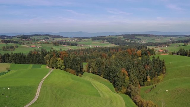 Aerial view of the hilly Emmental region in the canton Berne during autumn, Switzerland