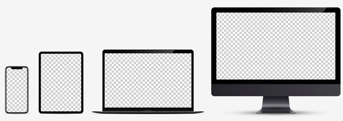 Device screen mockup. Smartphone, tablet, laptop and monoblock monitor, with blank screen for you design. Vector EPS10