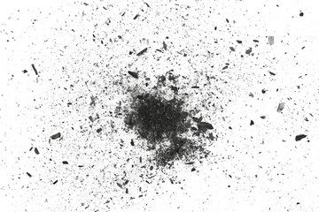 Black charcoal dust explosion, gunpowder isolated on white background and texture, top view