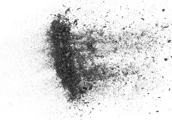 Fototapeta na wymiar Black charcoal dust explosion, gunpowder isolated on white background and texture, top view