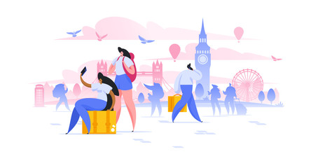 Fototapeta na wymiar London sightseeing holiday flat vector illustration girlfriends tourist with backpacks