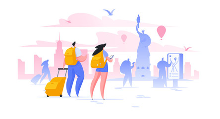 Sightseeing holiday in New York flat vector illustration male and female tourists taking photo